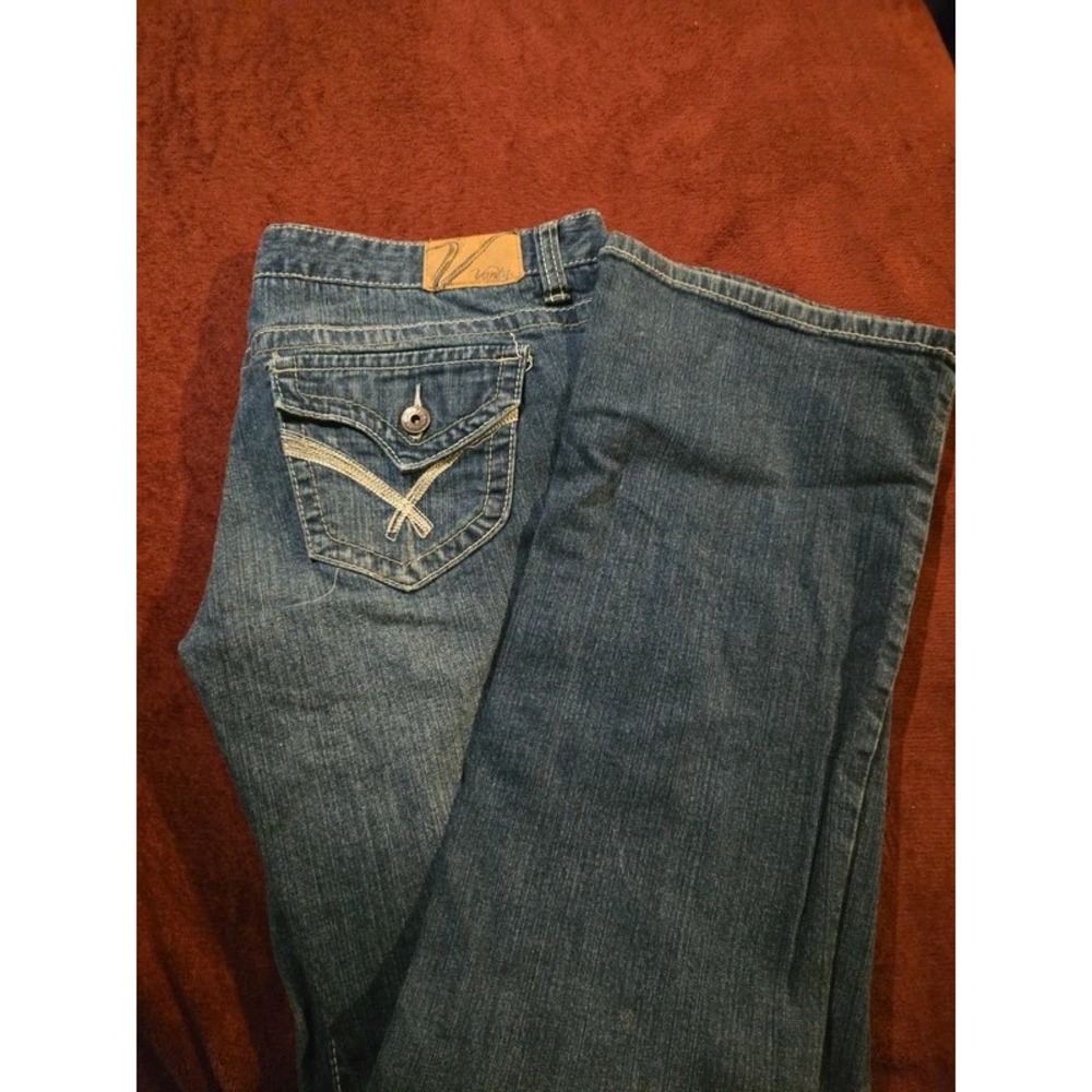 Vanity Bootcut Jeans Women 30W 33L Blue Good Flap Pocket Embroidered Stretch